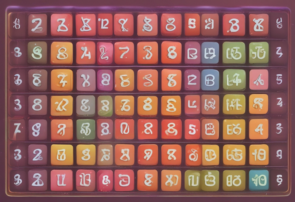 Interface colorée du jeu Tables de multiplication avec des chiffres et des symboles